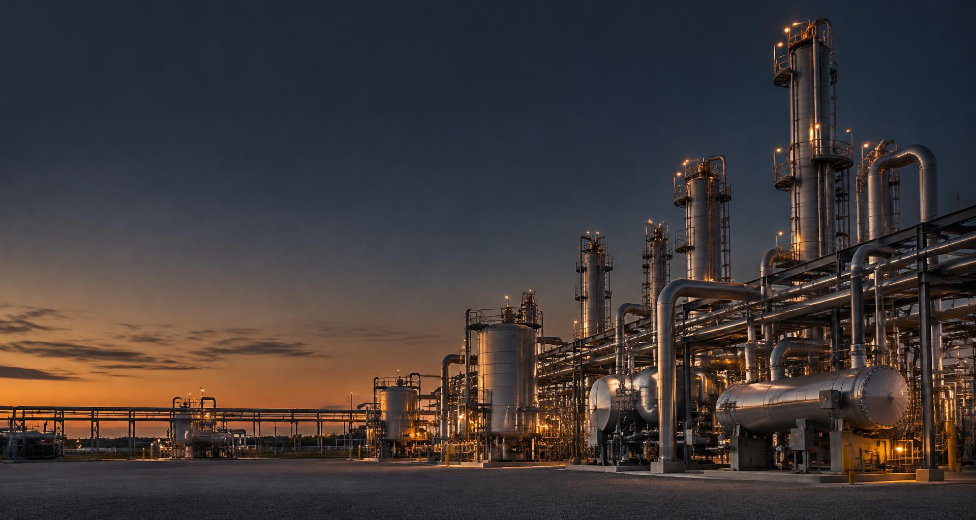Illustrative oil and gas processing facility with stainless steel piping at dusk